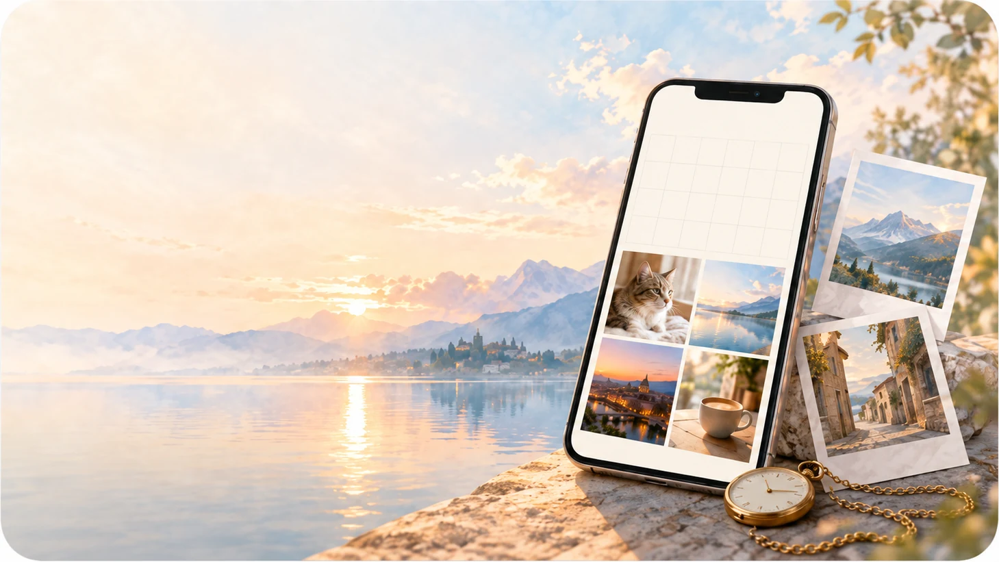 夕暮れの湖畔にスマートフォン、旅の写真、金色の懐中時計を並べたメインビジュアル